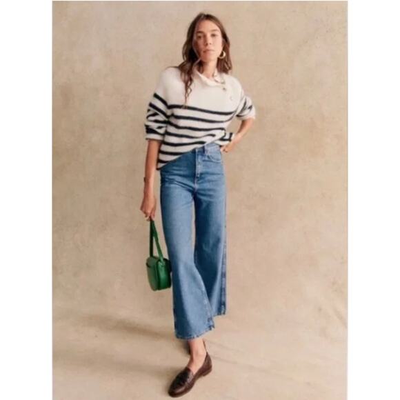 Sezane Trudy Jumper Wool Sweater Natural Navy White Striped Gold Button Small - Picture 2 of 10